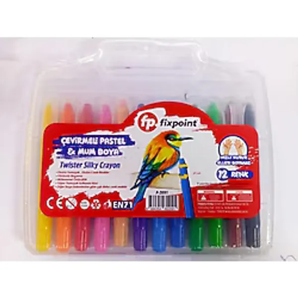 Fixpoint Çevirmeli Pastel Mum Boya 12'li Renkli Kalemler Hızlı Kurur Plastik Çantada