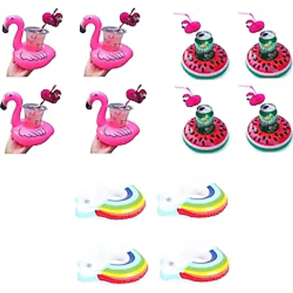 Flamingo Gökkuşağı Karpuz Şişme Havuz Deniz Bardak Tutucu Float 12LI Set - Çok Renkli