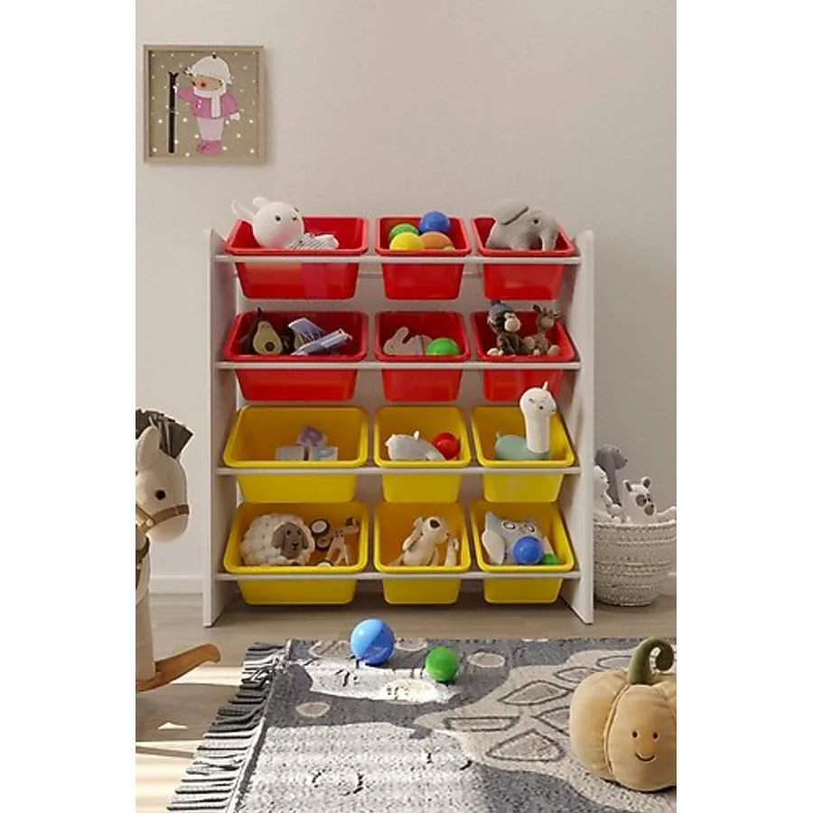 Flinder 12 Sepetli Montessori Kırmızı-Sarı Oyuncak Dolabı