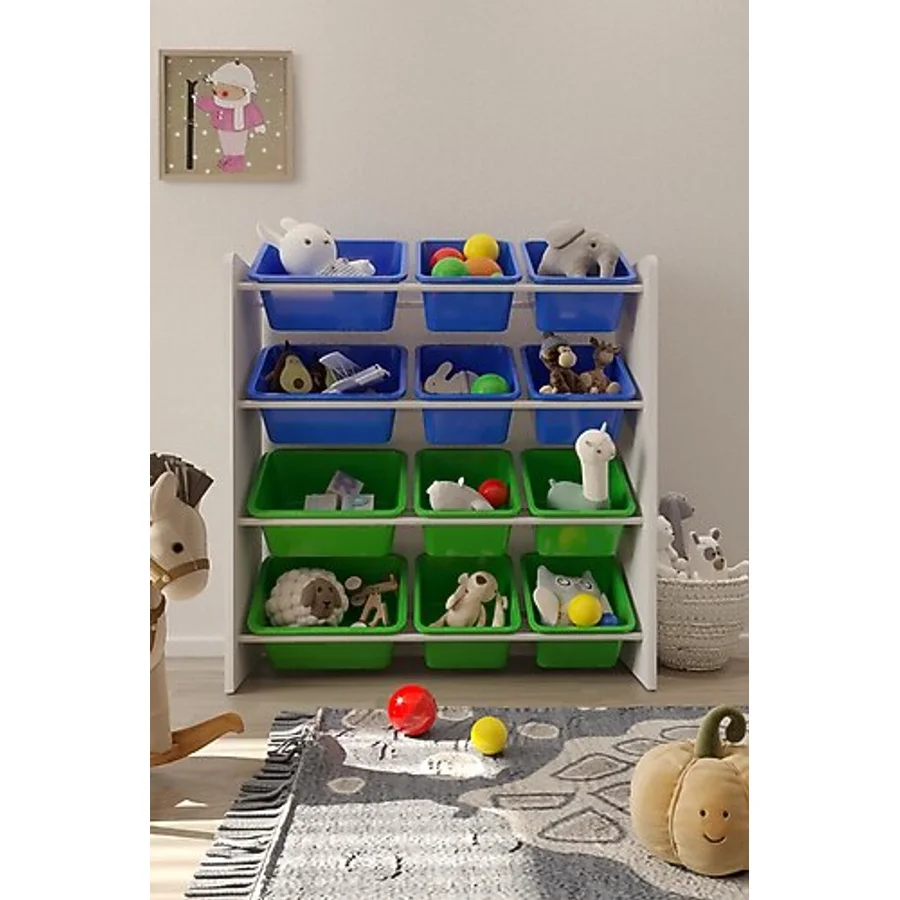 Flinder 12 Sepetli Montessori Mavi-Yeşil Oyuncak Dolabı