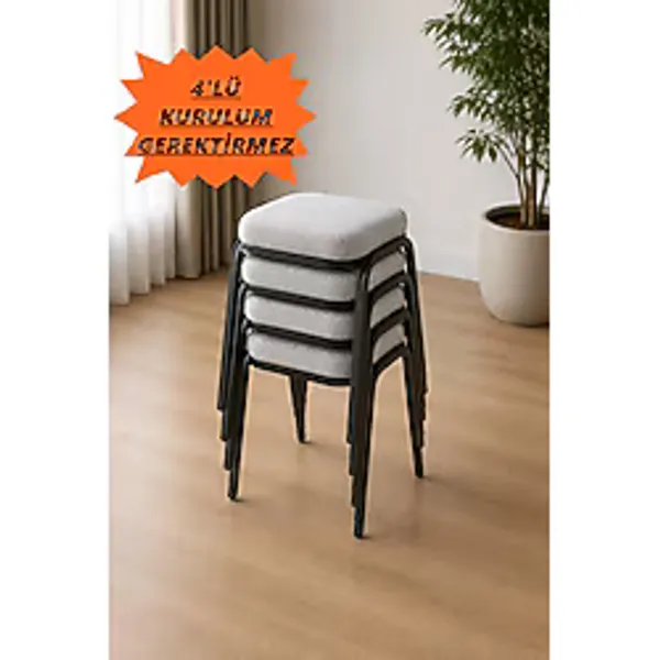 Flinder 4 ADET Siyah Metal Ayaklı Boyalı Tabure ,Sert Süngerli (Çökme Yapmaz), 3 Cm Süngerli, Kumaşlı