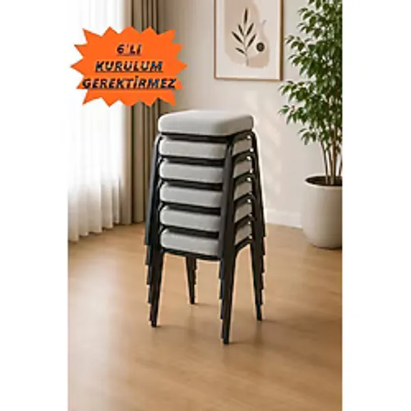 Flinder 6 ADET Siyah Metal Ayaklı Boyalı Tabure ,Sert Süngerli (Çökme Yapmaz), 3 Cm Süngerli, Kumaşlı