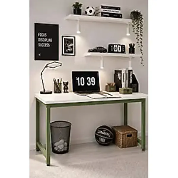 Flinder Beyaz/Yeşil Çalışma Masası, 140 Cm Çalışma Masası, Çocuk Çalışma Masası, Ders Çalışma Masası, Ofis Masası, Bilgisayar Masası, PC masası, Yemek Masası, Mutfak Masaı, Metal Ayaklı