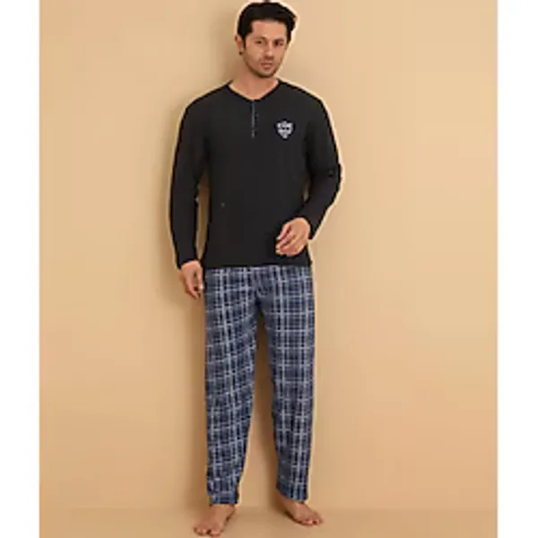 FLKN 7015 İnterlok Kışlık Ekose Pijamalı Erkek Pijama Takımı