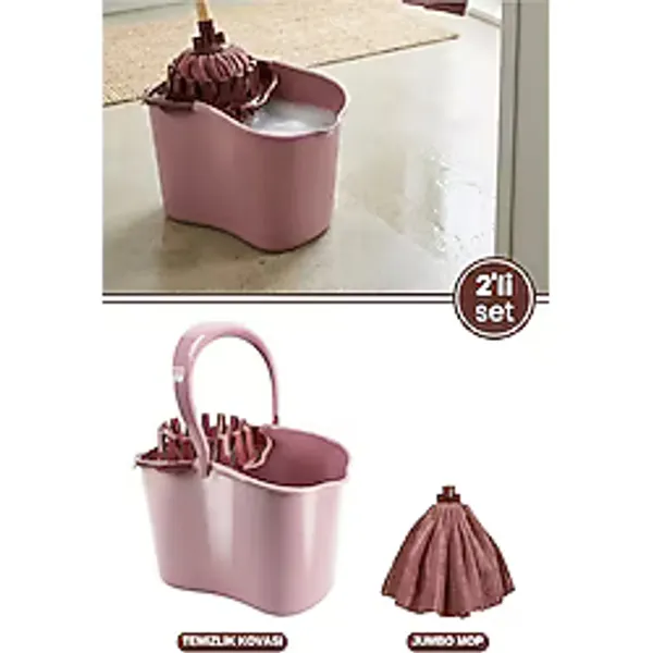 Flora Sıkmalı Temizlik Yer Silme Kovası 15 Litre + Süper Emici Mikrofiber Jumbo Havlu Mop 2'Li Seti