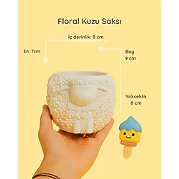 Floral Kuzu Saksı - 9 cm Boyanabilir Güçlendirilmiş Beton Saksı / Kalemlik Dekoratif Obje ve Hobi Boyama İçin Uygun - Beyaz