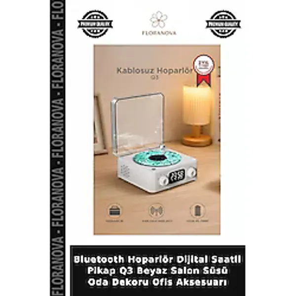 Floranova Bluetooth Hoparlör Dijital Saatli Pikap Q3 Beyaz Salon Süsü Oda Dekoru Ofis Aksesuarı