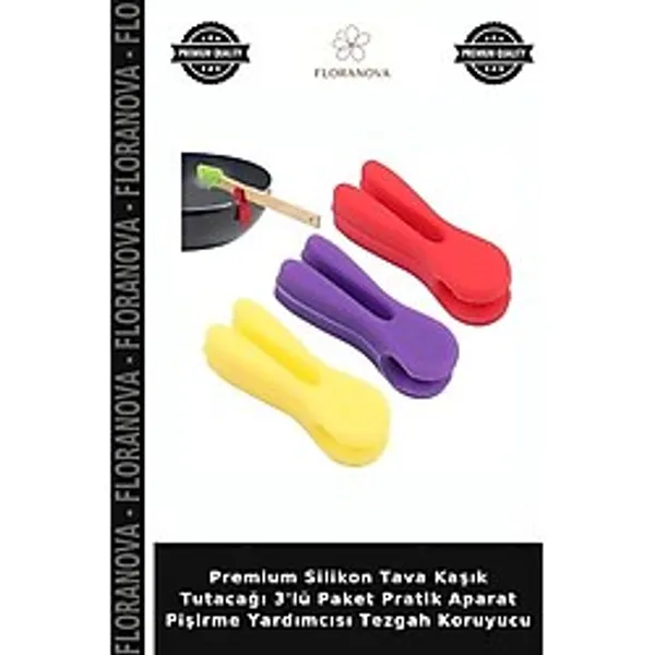 Floranova Premium Silikon Tava Kaşık Tutacağı 3'lü Paket Pratik Aparat Pişirme Yardımcısı Tezgah Koruyucu - Çok Renkli