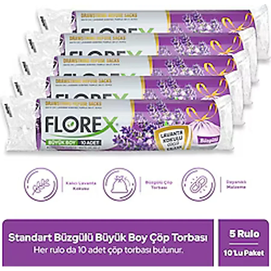 Florex Lavanta Kokulu Büzgülü Büyük Boy Çöp Poşeti 10'lu 5 Adet