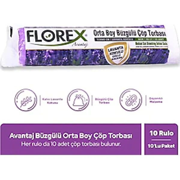 Florex Lavanta Kokulu Büzgülü Orta Boy Çöp Poşeti 10'lu 10 Adet