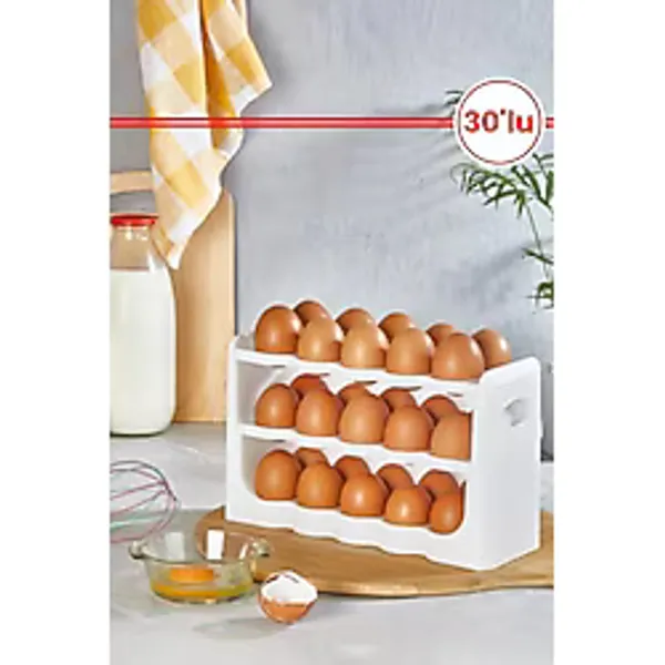 Flosoft 30'lu Yumurta Organizer, 30 Bölmeli 3 Katlı Yumurtalık Buzdolabı Raf Düzenleyici Kutu - Renk - Beyaz
