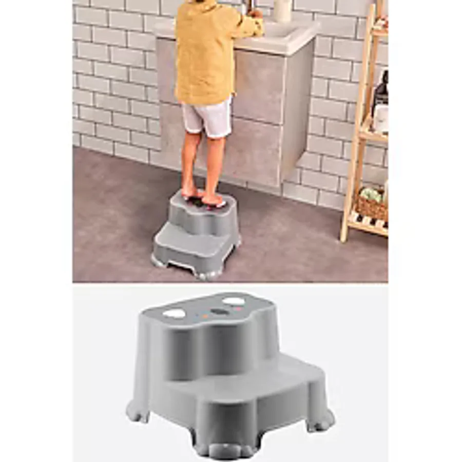 Flosoft Kaydırmaz Çocuk Taburesi Çift Basamaklı, Çocuk Banyo Lavabo Basamak Merdiven Yükseltici Gri