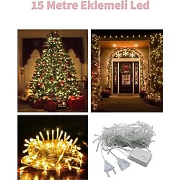 Fonksiyonlu Gün Işığı Eklemeli 15 Metre Dekor Led - Çam Ağacı Süsü Yılbaşı Süsü - Pirinç Led