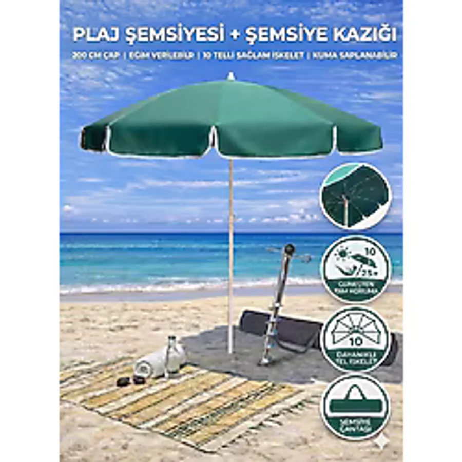 Form Outdoor Plaj Şemsiyesi + Şemsiye Kazığı + Taşıma Çantası Hediyeli - Koyu Yeşil
