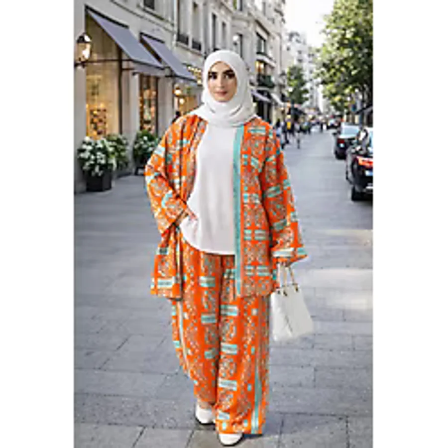 forte bella Desenli Alt-Üst Tesettür Kimono Takım