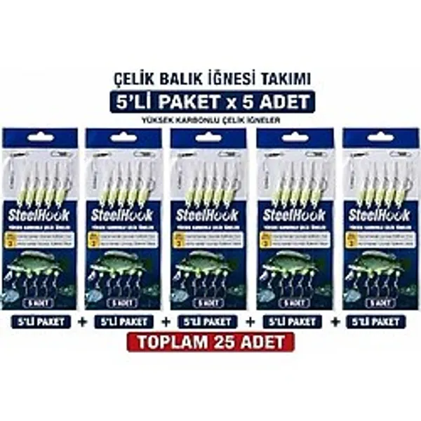 Fosforlu Çelik Balık Iğnesi Takımı 5'li Paket x 5 Adet Toplam 25 Iğne Hazır Olta Gece Parlayan Yemli Çapari