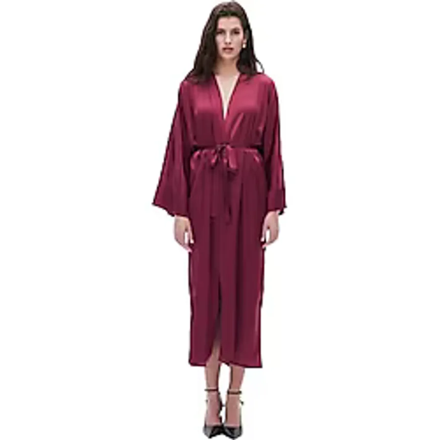Frappant Bordo Uzun Saten Sabahlık/Kimono
