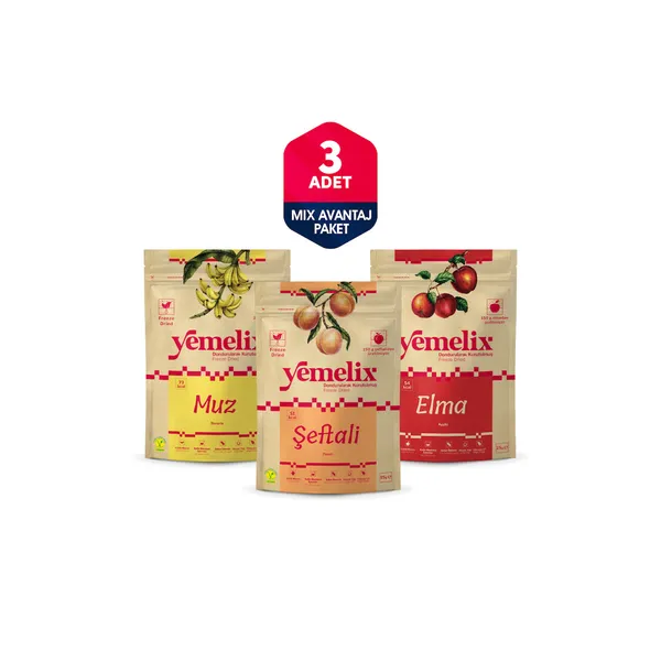 Freeze Dried 3'lü Mix Avantaj Paketi Dondurularak Kurutulmuş Muz-Şeftali-Elma Kuru Meyve Cipsi