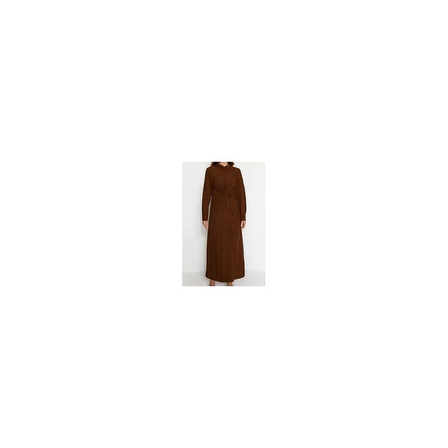 FRM Yeni Regular Casual Günlük Crinkle Dokuma Gömlek Yaka Uzun Kol Shift Maxi Boy Tesettür Elbise - Kahverengi - 38