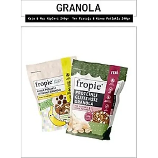 Fropie Kids Kaju Muz Küpleri ve Proteinli Glutensiz Yer Fıstıklı Kinoa Patlaklı Granola Paketi X2 - 480 gr
