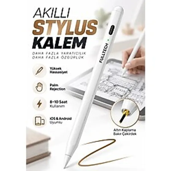Fulltech FTP4 Akıllı Dokunmatik Kalem Stylus Pen - Palm Rejection, Yüksek Hassasiyet, iOS & Android