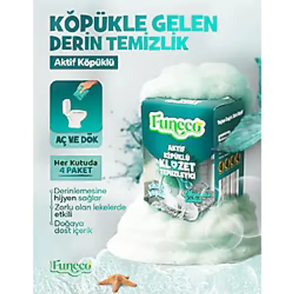 Funeco Klozet Tuvalet Wc Temizleyici, 1 Kutuda 4 Paket (300G), Aktif Köpüklü, Doğa Dostu, Okyanus