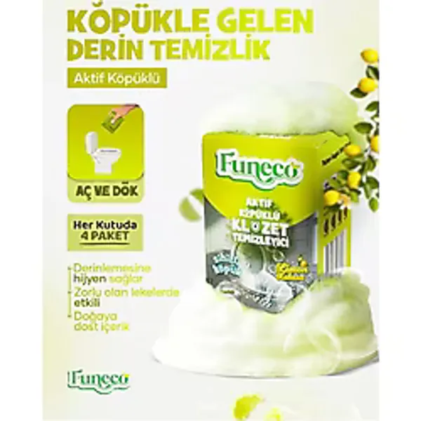FUNECO Tuvalet Klozet Temizleyici Aktif Köpük Doğa Dostu 4 Paket 300g Aylık Kullanım Limon Ferahlığı