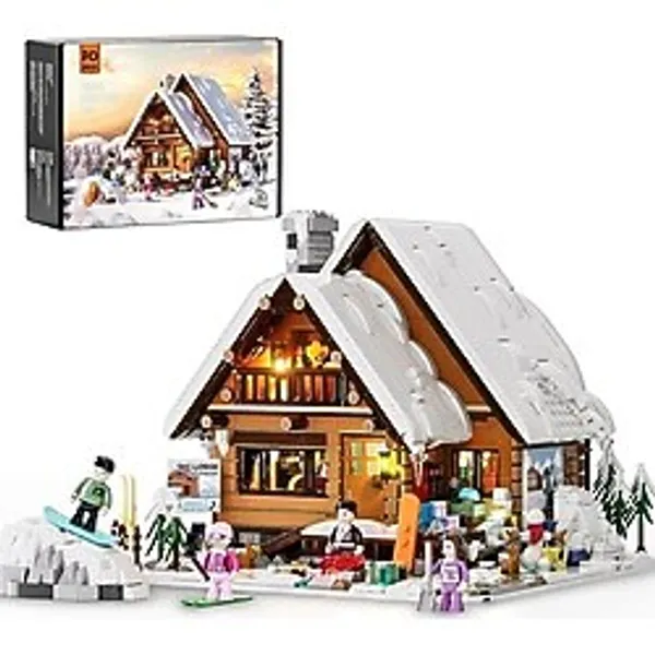 Funwhole Christmas Ski House Işıklı Yapı Blokları Seti, 2187 Parça, Kar Evinde Kayak ve Noel Partisi Sahnesi
