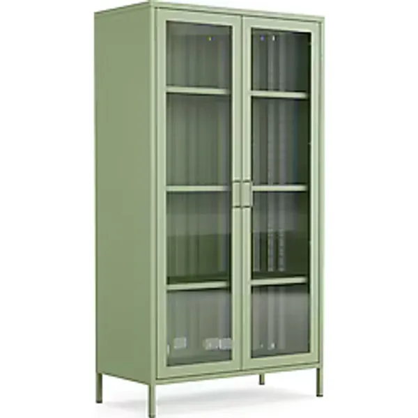 Furni24 Pera Camlı Metal Dolap 150 cm, Cam Kapaklı Vitrin - Büfe - Kitaplık ve Çok Amaçlı Dolap ( Raf Ayarlanabilir)