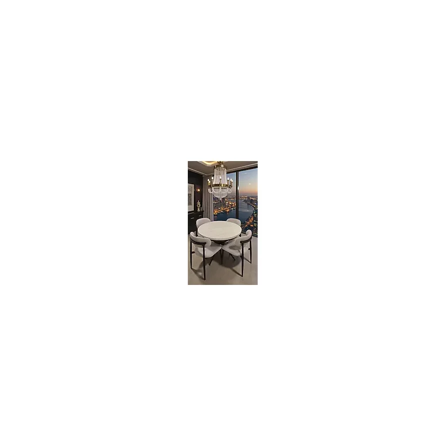 Fursimo Arba Seri Yuvarlak Mdf Yemek Masası Takımı - 4 Sandalyeli Beyaz Traverten Desen 1. Sınıf Membran Kaplama Metal Ayak 100 140 cm Açılabilir - Beyaz - Siyah