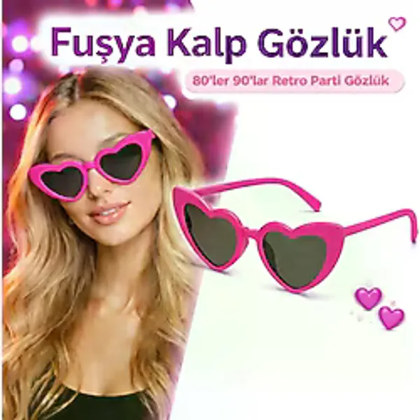 Fuşya Pembe Retro Kalp Gözlük - 80'ler 90'lar Stil Parti Gözlüğü