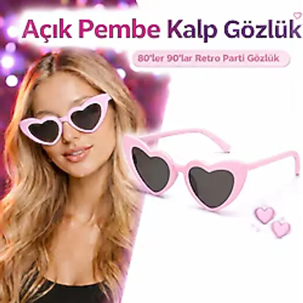Fuşya Retro Kalp Gözlük - 80'ler 90'lar Stil Parti Gözlüğü