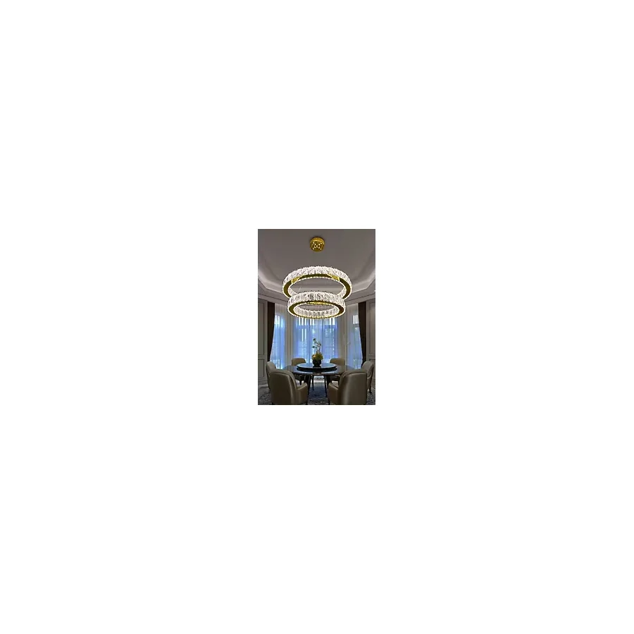 G-Light 2 Katlı Daire Kristal Taşlı Modern LED Avize - Salon & Oturma Odası - 3 Işık Modu - Şık Sarkıt - Altın