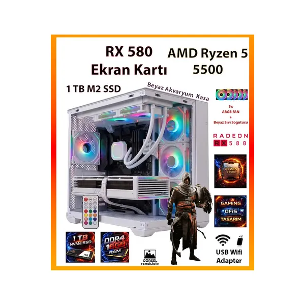 GA ESP Pro Beyaz Sistem RX580 + Ryzen 5 5500 16GB RAM + 1TB SSD + Sıvı Soğutucu Akvaryum Kasa FULL RGB Tak Çalıştır Beyaz Oyuncu Bilgisayarı