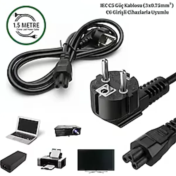 Gabble 1.5 Metre C5 Yonca Güç Kablosu 250V Laptop Notebook Adaptör Tv Monitör Yazıcı Uyumlu