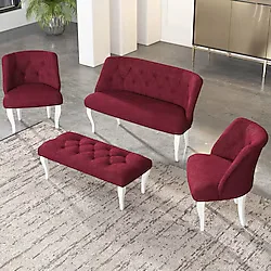 Gadahome Çay Seti Koltuk Takımı, Salon Balkon Takımı(2+1+1+Puf Beyaz Ayak) - Bordo