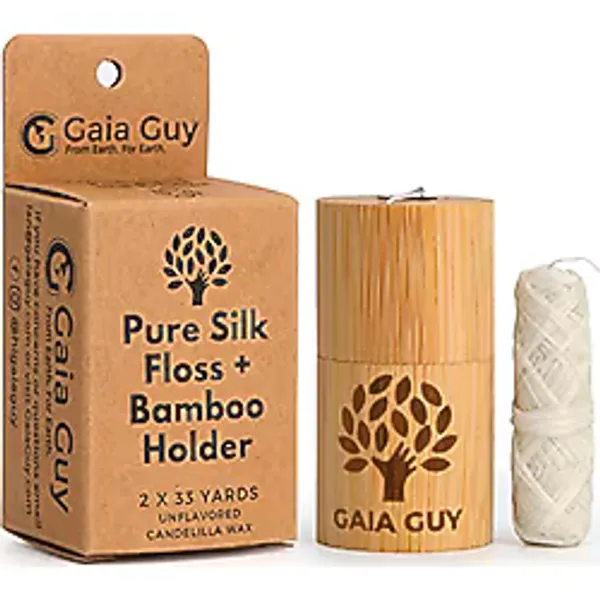 Gaia Guy Doğal Aromasız İpek Diş İpi Dolum ve Yeniden Kullanılabilir Bambu Tutucu 2 x 33 yds Kompostlanabilir Saf İpek Candelilla Wax ile Mumlu Plastik İçermeyen Ambalaj