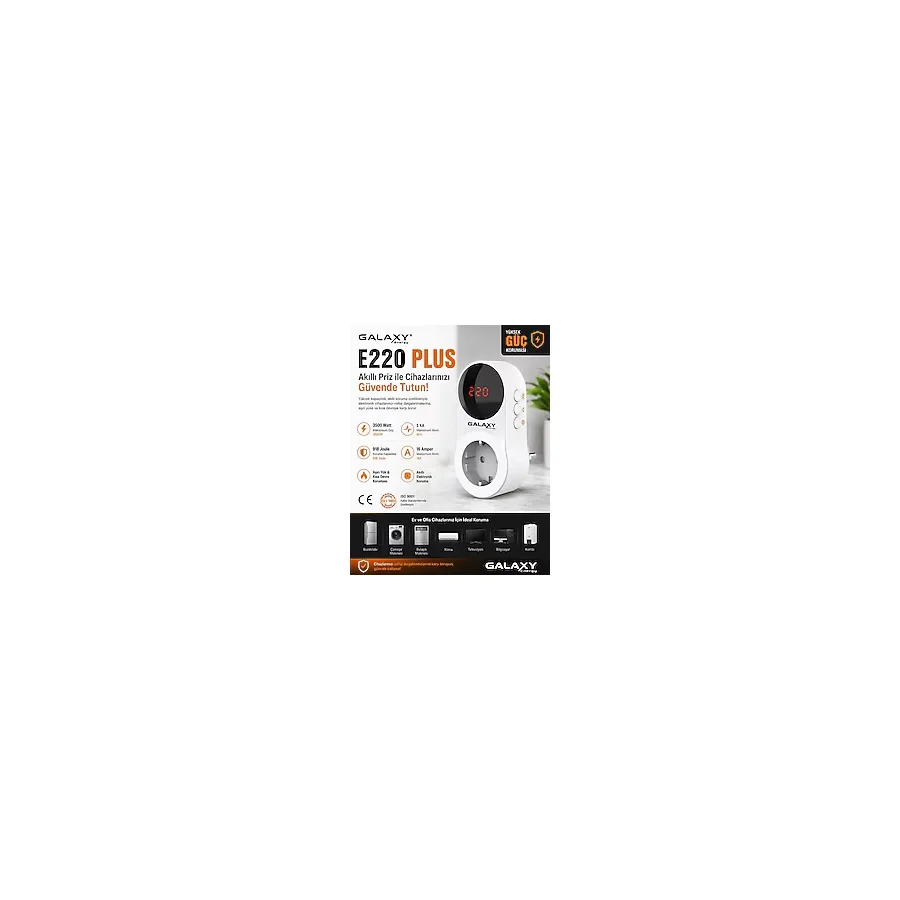 Galaxy Energy E220 Plus Akım Koruma Prizi 3500W 16A Dijital Ekranlı Akıllı Priz 918 Joule 5ka Korumalı - Beyaz