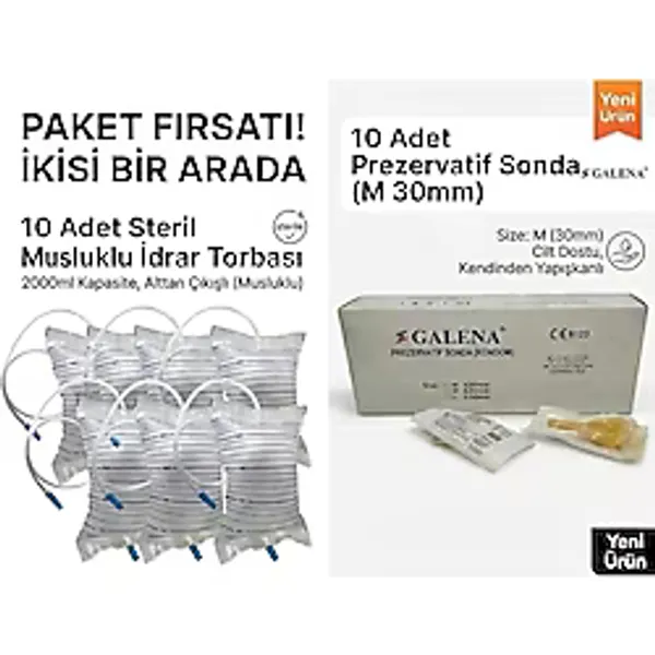 Galena Prezervatif Sonda M 30MM (10 Adet) + Musluklu Idrar Torbası (10 Adet) Hasta Bakım Avantaj Paket