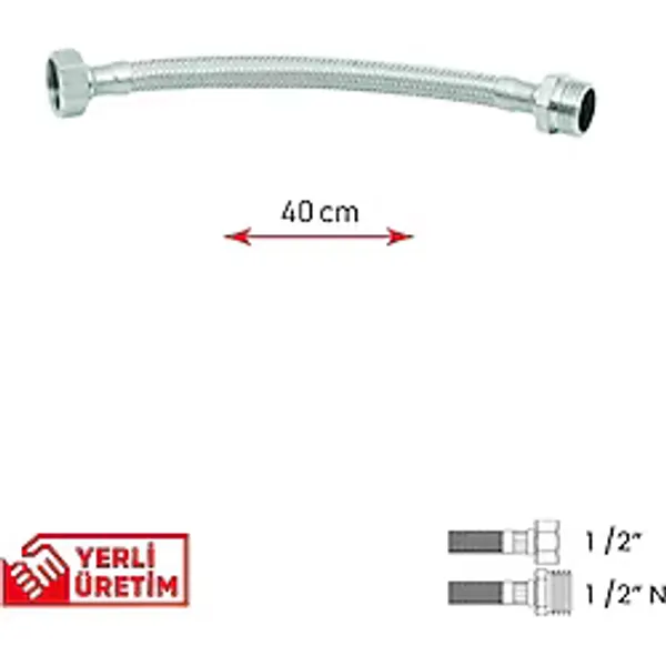 Gama Paslanmaz Çelik Flex Hortum 1/2 - 1/2 Nipel Bağlantı Tesisat Flexi 40 Cm