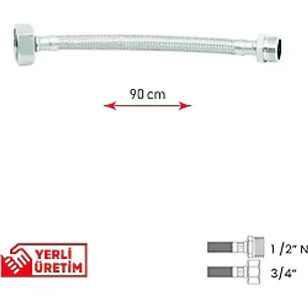 Gama Paslanmaz Çelik Flex Hortum 1/2 Nipel - 3/4 Tesisat Bağlantı Hortumu 90 Cm