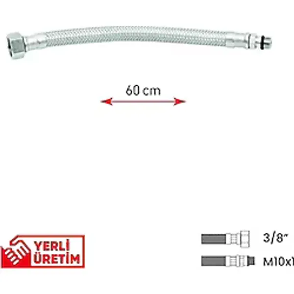 Gama Paslanmaz Çelik Flex Hortum 3/8 - M10x1 Batarya Musluk Bağlantı Hortumu 60 Cm