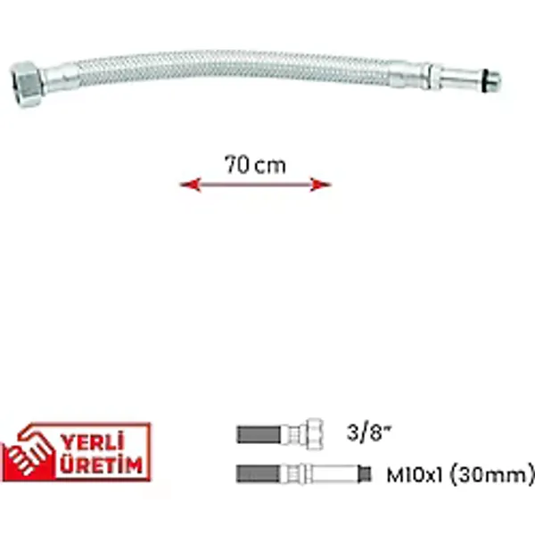 Gama Paslanmaz Çelik Flex Hortum 3/8 - M10x1 Uzun Uç 30 Mm Batarya Hortumu 70 Cm