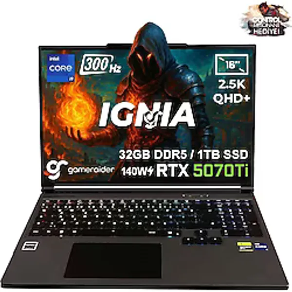 GameRaider IGNIA GR16 Intel Core i9-14900HX 32GB DDR5 1TB SSD RTX 5070Ti 12GB 140W 16 inç 2.5K QHD+ 300Hz FreeDos Gaming Laptop - 1 TB - 32 GB