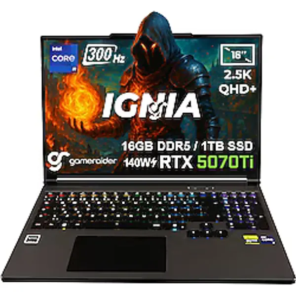 GameRaider IGNIA GR16 Intel Core i9-14900HX GeForce RTX 5070Ti 12GB 140W 16GB DDR5 1TB SSD 16 inç 2.5K QHD+ 300Hz FreeDos Gaming Laptop - Çanta Hediyeli