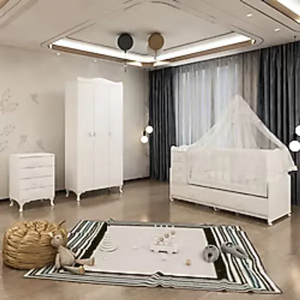 Garaj Home Melina Yıldız 3 Kapaklı Bebek Odası Takımı Beyaz - Yatak Ve Uyku Seti Kombinli