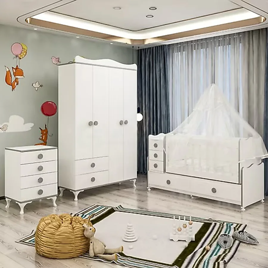 Garaj Home Melina Yıldız 4 Kapaklı Bebek Odası Takımı Beyaz - Yatak Ve Uyku Seti Kombinli- Uykuseti Mavi