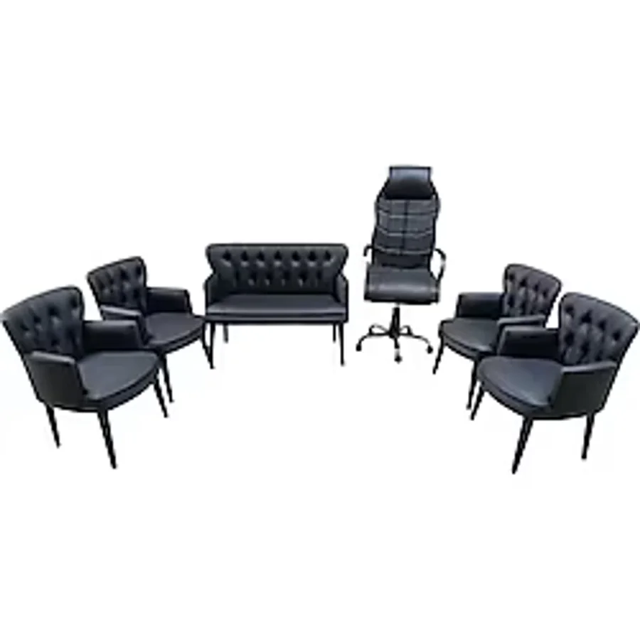 GARDEN HOUSE 6 Kişilik Pera Siyah Deri Ofis Koltuk Takımı Ofis, Bekleme - 2+1+1+1+1+makam koltuğu