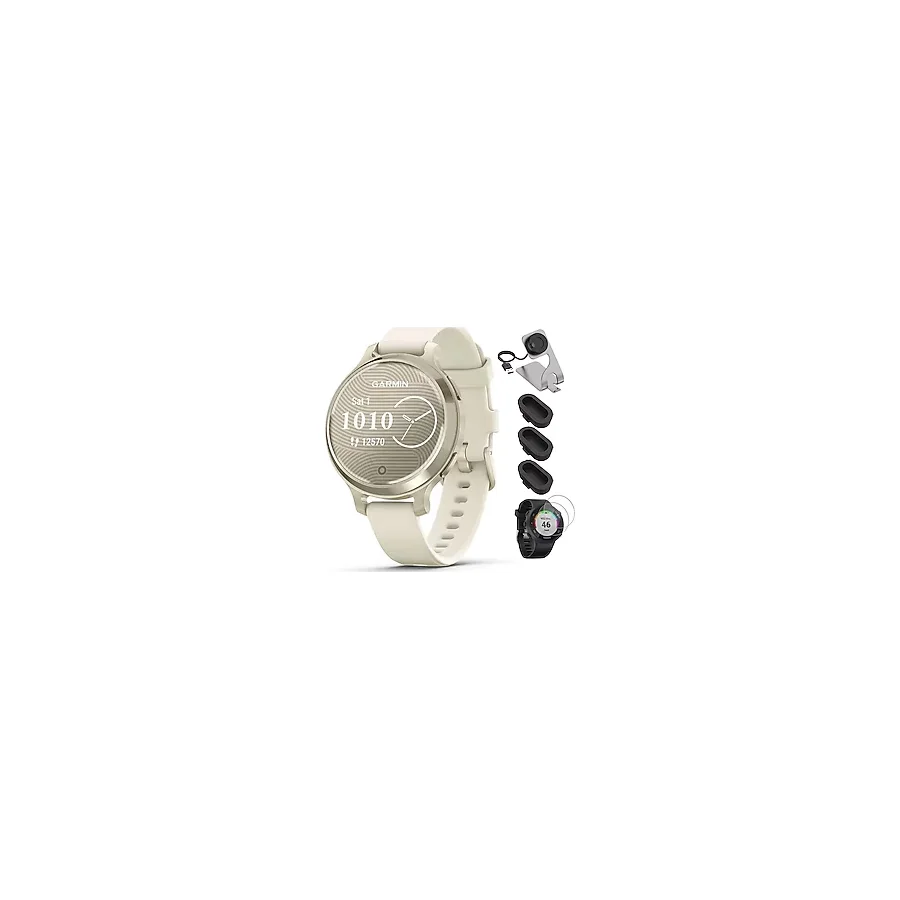 Garmin 010-02891-00 Lily 2 Active Akıllı Saat Ay Gold, Kemik Silikon Kayışlı, Dekoratif Aksesuarlar Şarj İstasyonu, 3'Lü Silikon Toz Kapağı Ve 2'Li Temperli Cam Ekran Koruyucu İle Birlikte.
