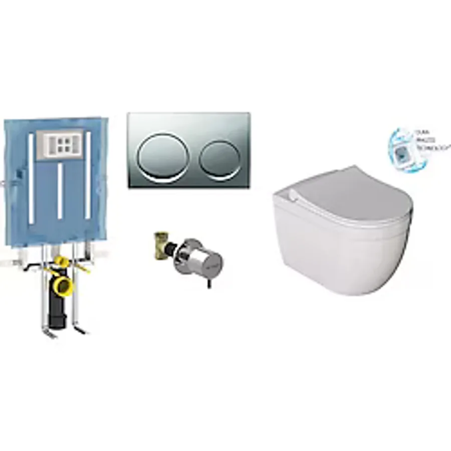 Geberit Alpha 8 cm Gömme Rezervuar + Buton + Valf + Dura Kanalsız Asma Klozet 5 Parça Set - Beyaz